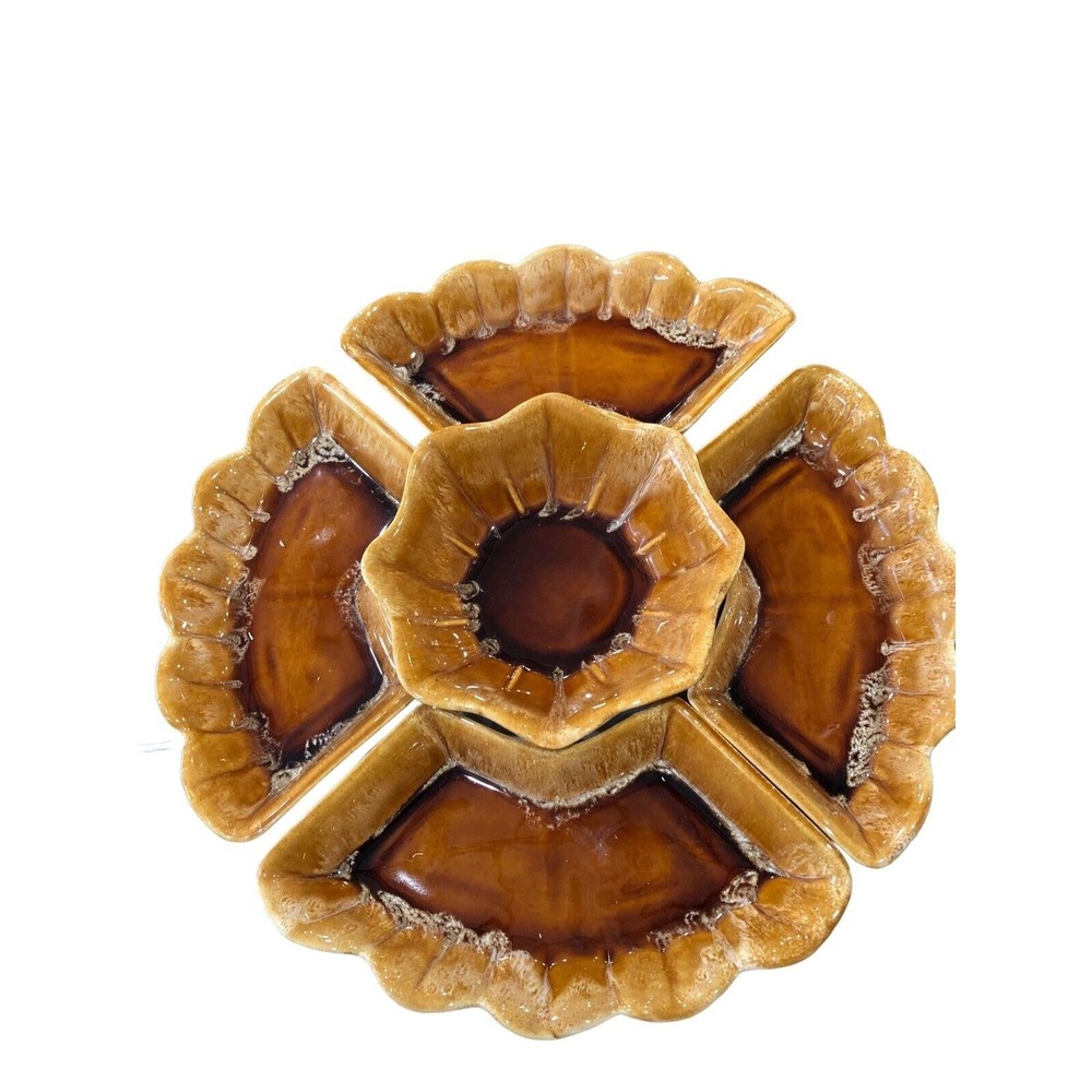 1960s WADE Of California Shades Of Brown Dripped Glazed Lazy Susan Five Pieces